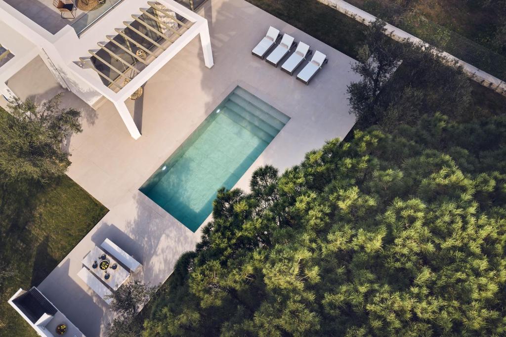 瓦西里科斯Oceanids Luxury Villas, By ThinkVilla的房屋旁游泳池的顶部景色