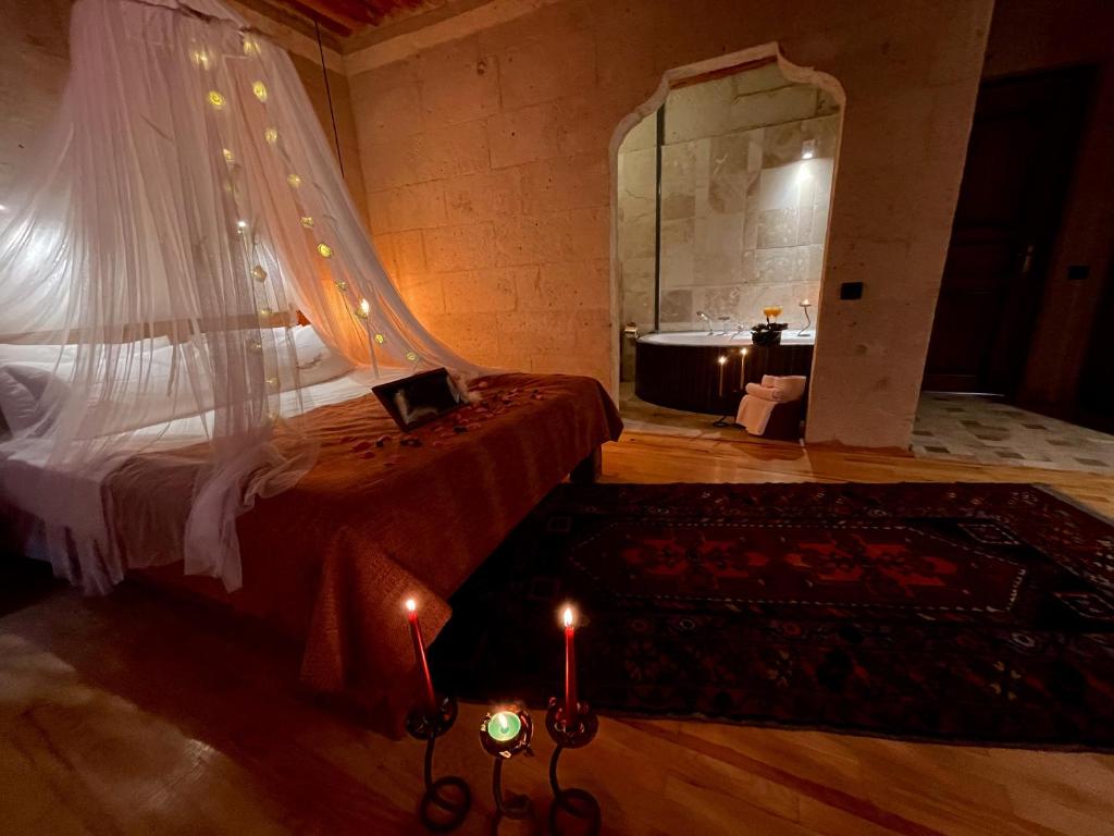 乌奇希萨尔Alice in Cappadocia的一间卧室配有一张带镜子和浴缸的床