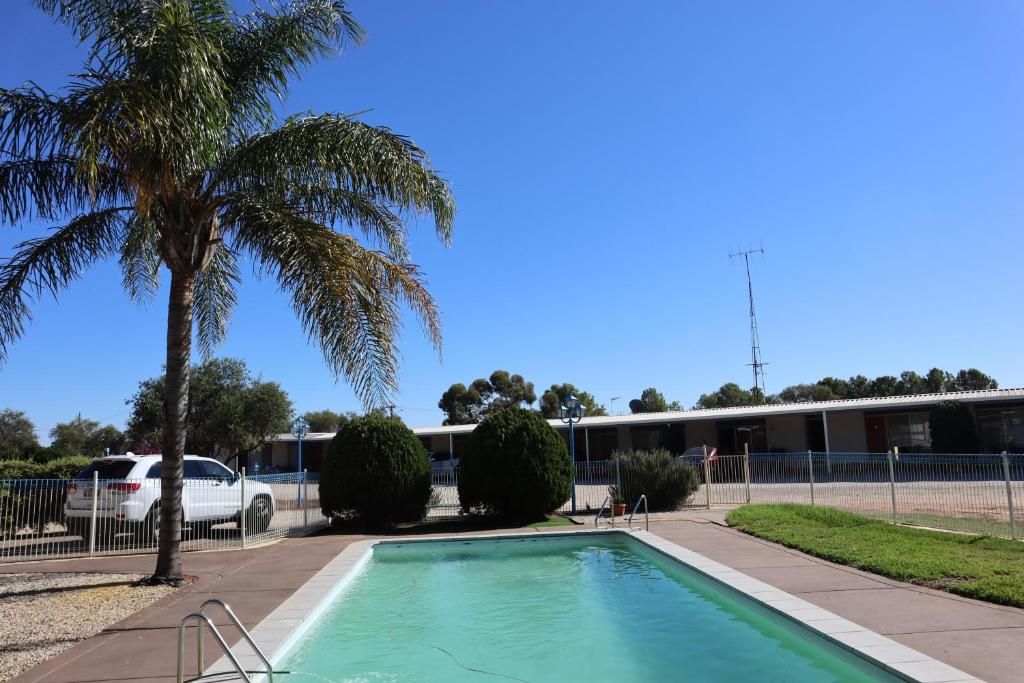 巴尔拉纳德卡普里汽车旅馆的一座建筑前的游泳池,里面种着棕榈树