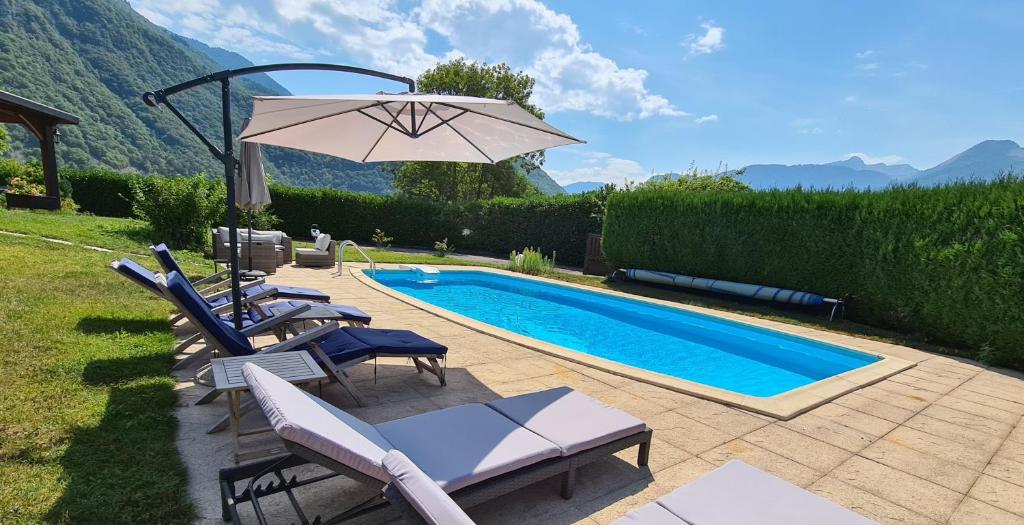 杜萨尔Manou du Lac Annecy的游泳池旁配有椅子和遮阳伞