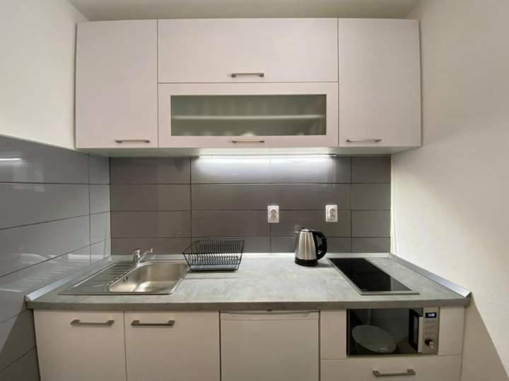 布尔泽策Bele staze Kopaonik z的白色的厨房配有水槽和微波炉