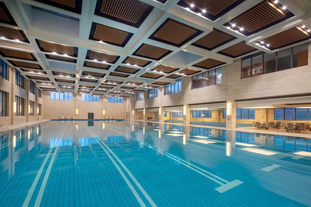 信阳信阳温德姆酒店的蓝色海水大型室内游泳池