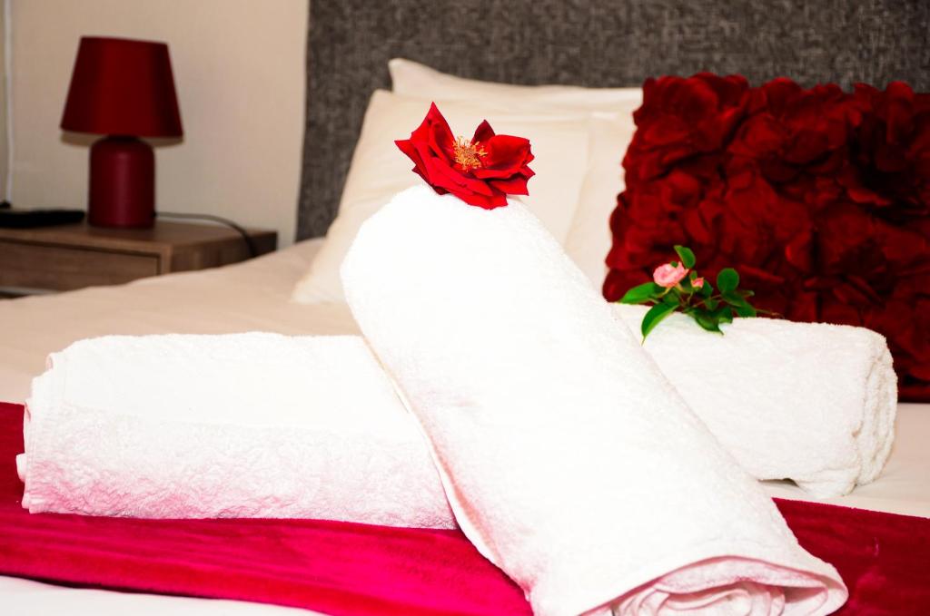 比勒陀利亚Novus Guest House的一张带白色毛巾和红色花的床铺
