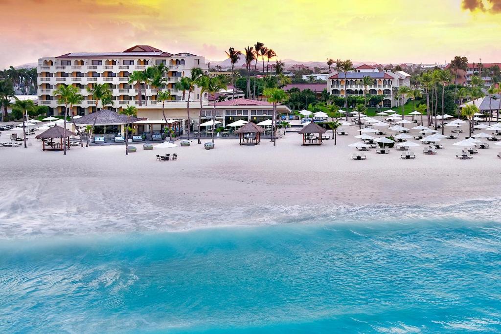 棕榈滩布库提及塔拉精品海滨度假村 - 仅限成人的享有海滩的空中景致,配有椅子和遮阳伞