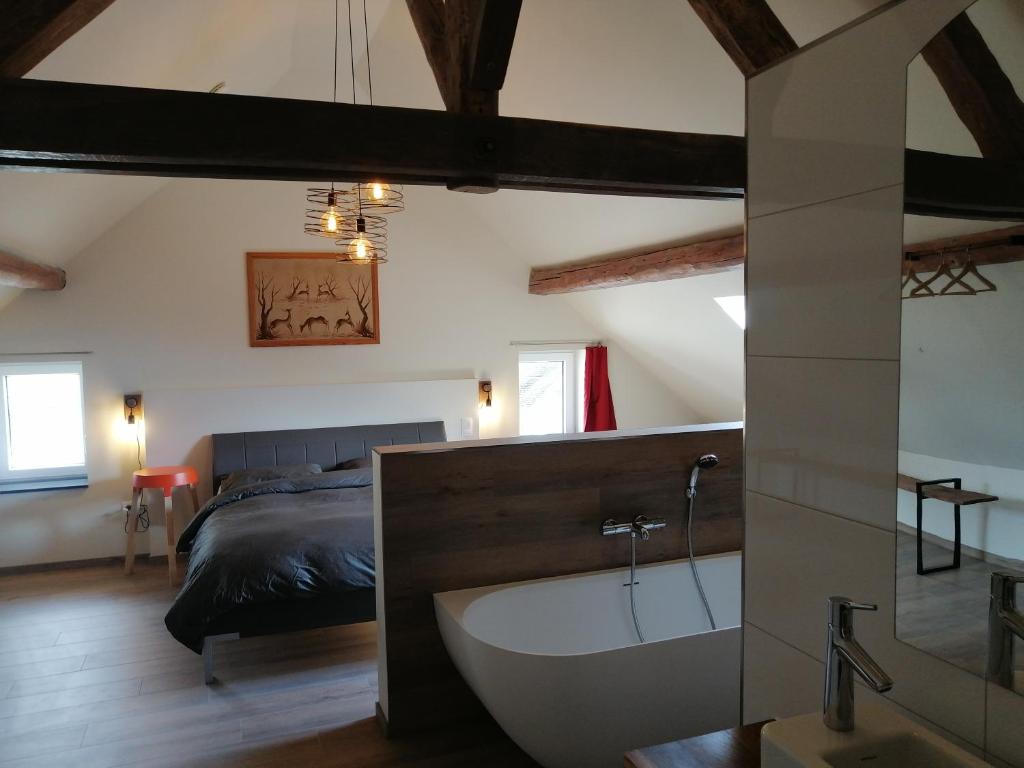 比林根de ploeg luxe的一间带浴缸和床的卧室