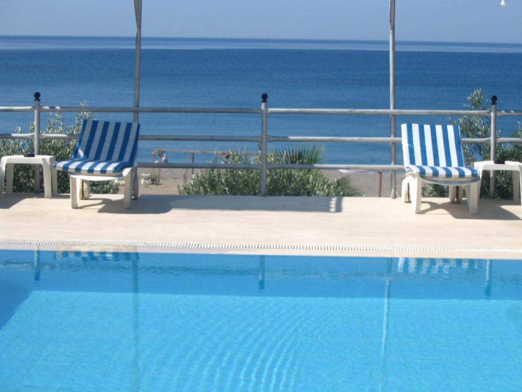 基兹洛特Hotel Schönberg的两把蓝色和白色椅子坐在游泳池旁