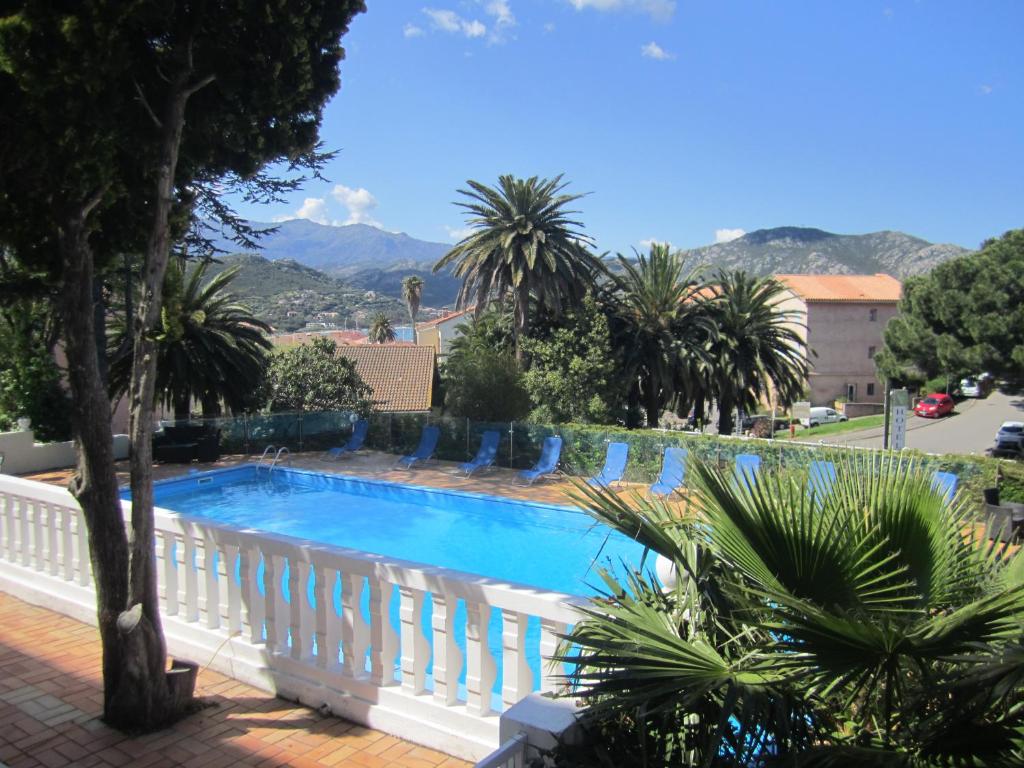 圣弗洛朗莫达姆米尔酒店的一座拥有棕榈树和白色围栏的游泳池