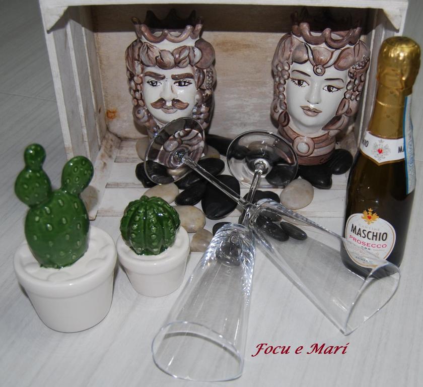 马斯卡利Focu e Mari的一张桌子,上面放着一瓶葡萄酒和一些仙人掌