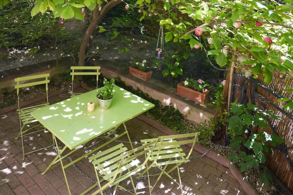 斯特拉斯堡Appartement Petite France avec terrasse的树下摆放的绿色桌椅
