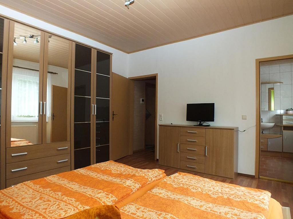 施泰纳赫Ferienwohnung Klaus im Tal der Steinach的一间大卧室,配有一张床和一台电视