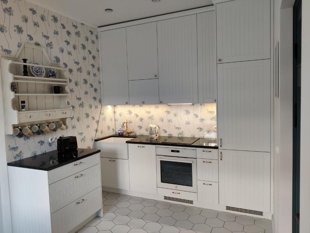 派尔努Esplanaadi Luxury Apartment的白色的厨房配有白色橱柜和电器