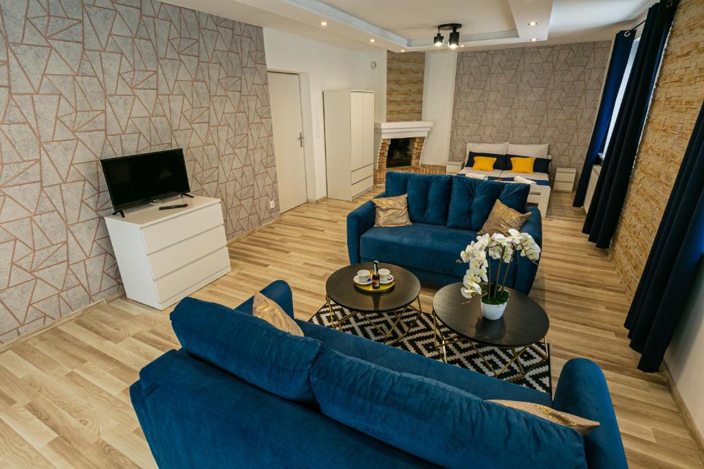 乌斯特卡WillaMaks的客厅配有蓝色的沙发和电视