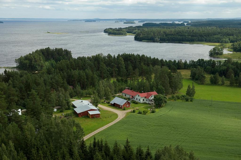 RuokolaKarvisen Kissanpäivät Joensuun lähellä的水面上岛上房屋的空中景观