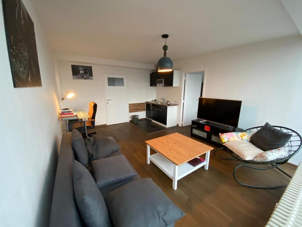 布鲁塞尔Brussels By Night panoramic studio apartment for 2的客厅配有沙发和桌子