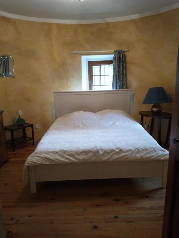 普罗旺斯地区阿莱马尼Gîte Ciel Bleu Château d'Allemagne En Provence的卧室配有白色的床和窗户