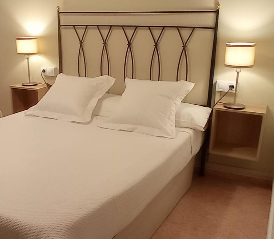坎加斯-德奥尼斯托雷翁旅馆的卧室配有带两盏灯的白色床