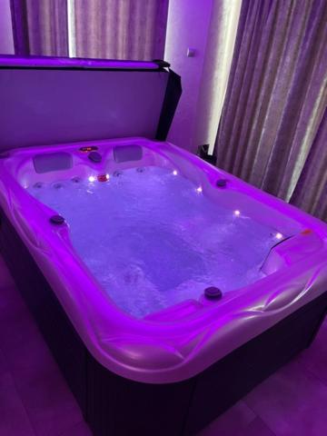 多瑙斯特雷达New York Pension的紫色照明的客房内的热水浴池