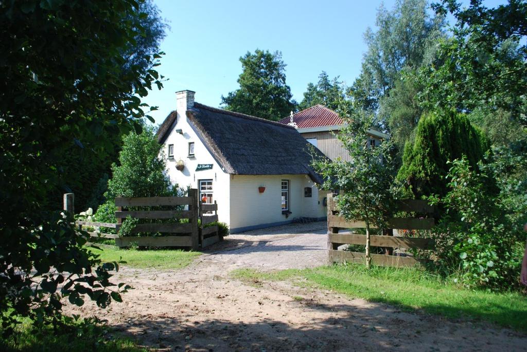 JistrumVakantiehuis "It koaihûs"的白色的房子,有门和栅栏