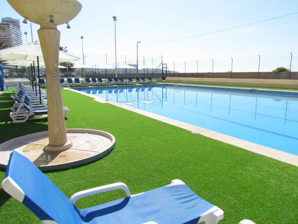 阿利坎特阿利坎特阿巴西亚酒店的一个带蓝色椅子和轻极的游泳池