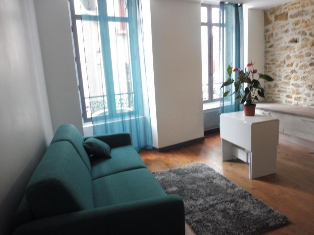 萨利耶德贝阿尔恩Studio de charme au centre ville的客厅设有绿色沙发和一些窗户。