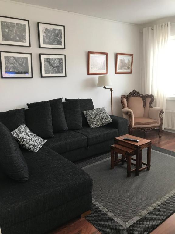 库奥皮奥City Apartment Sairaalakatu的客厅配有黑色沙发和桌子