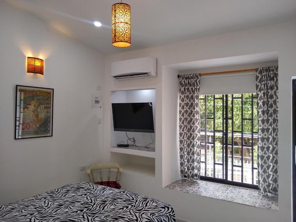 巴兰基亚La Habitación Perfecta的一间卧室设有一张床和一个带电视的窗户。