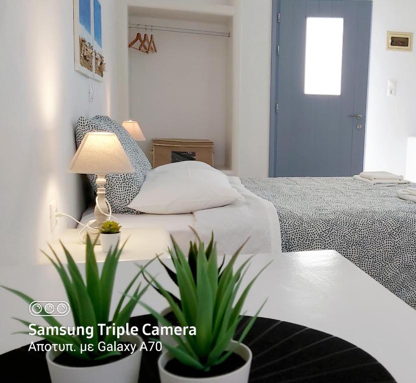 阿里克海滩Sunny Studios Naxos的一间卧室配有一张床和一张带台灯的桌子