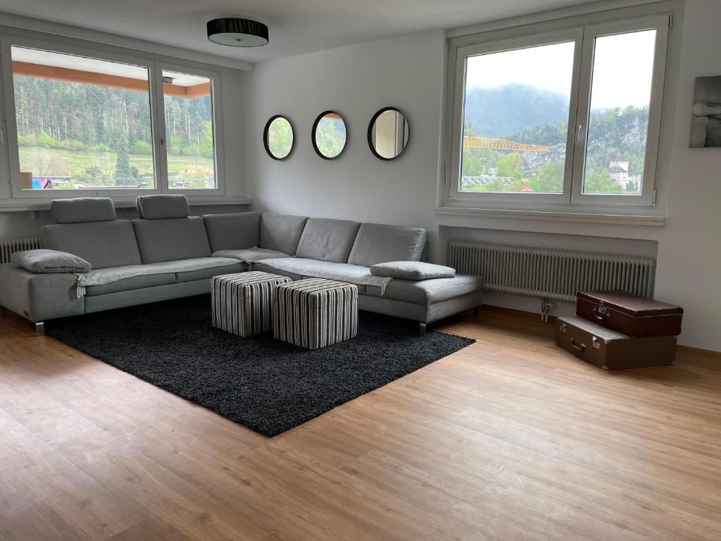 费尔德基希Skyloft Apartment Feldkirch的带沙发和2扇窗户的客厅