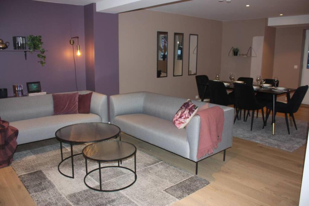史特林Meget flott leilighet i Stryn sentrum的带沙发和桌子的客厅以及用餐室。