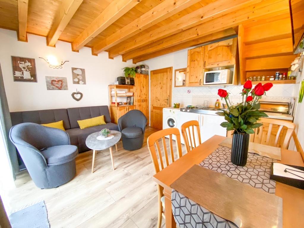 利普托斯基米库拉斯Tatralandia Holiday Home 347的厨房以及带桌椅的起居室。
