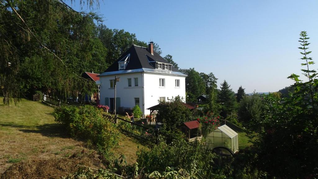 GlashütteFerienwohnung Erzgebirgswohnung Götze的山坡上白色的房子,屋顶黑色