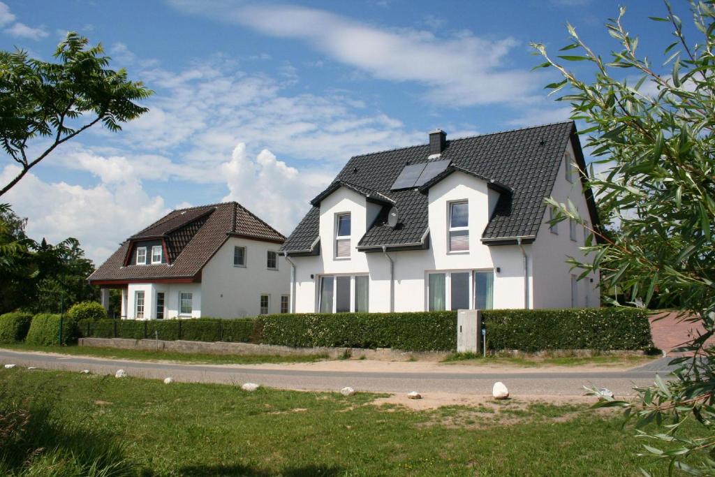 普特布斯F-1037 Haus Neuendorf - Kaminfeuer的黑色屋顶的白色房子