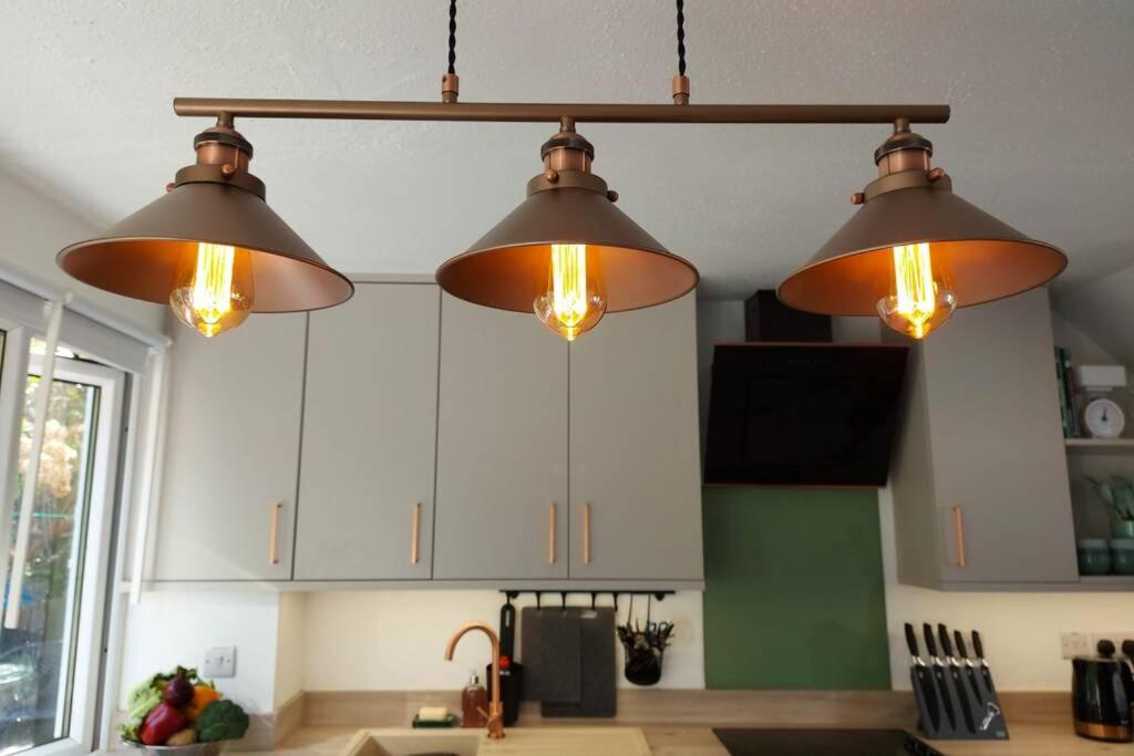 彭布罗克郡Sea Holly Freshwater East Beach的厨房设有天花板上的三盏灯