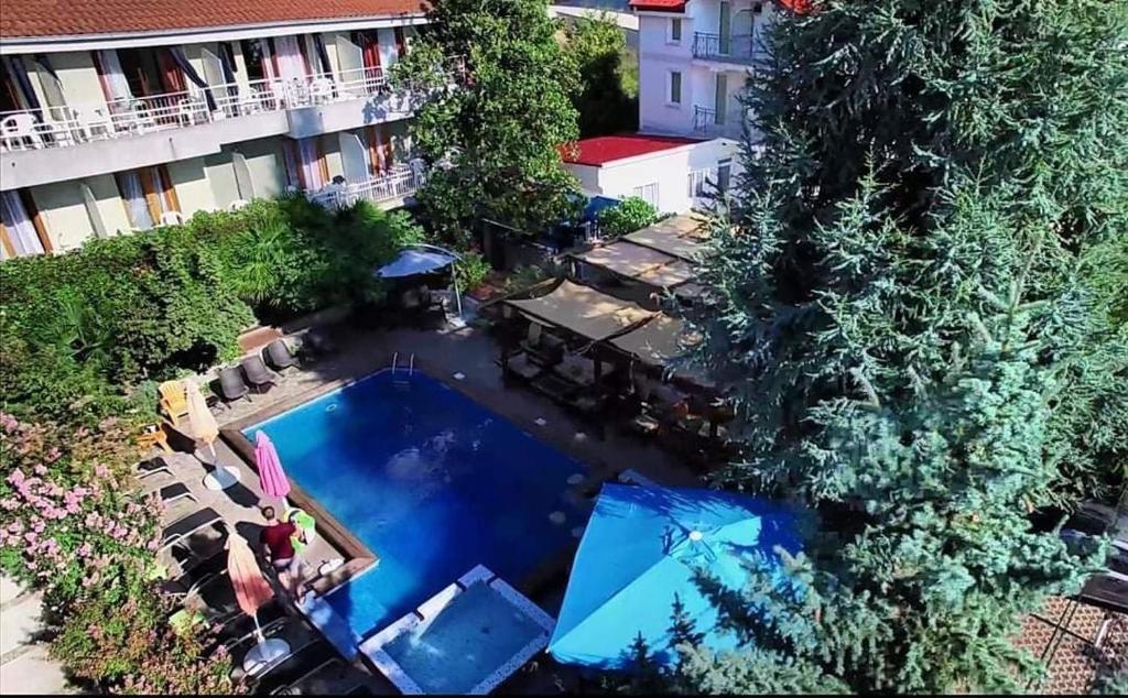 奥赫里德Villa Dionis的享有酒店游泳池的顶部景色