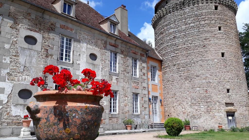 Beaune dʼAlliergîte au Château de Sallebrune的大楼前方有红色花卉的大花瓶