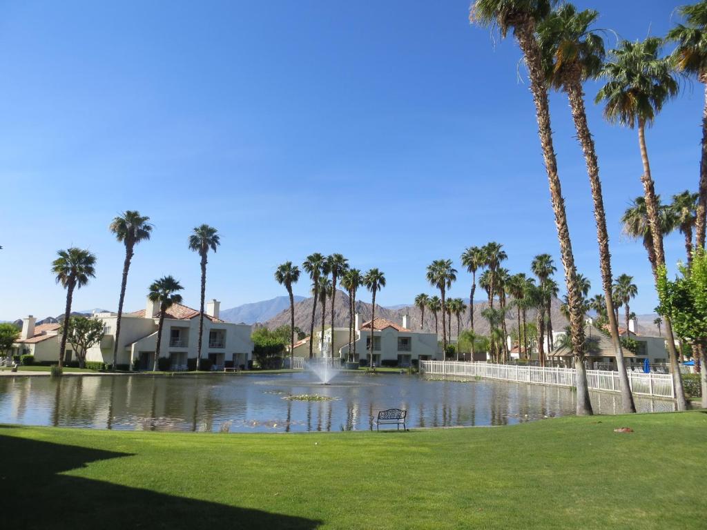 棕榈荒漠沙漠微风度假酒店的棕榈树公园和带喷泉的池塘