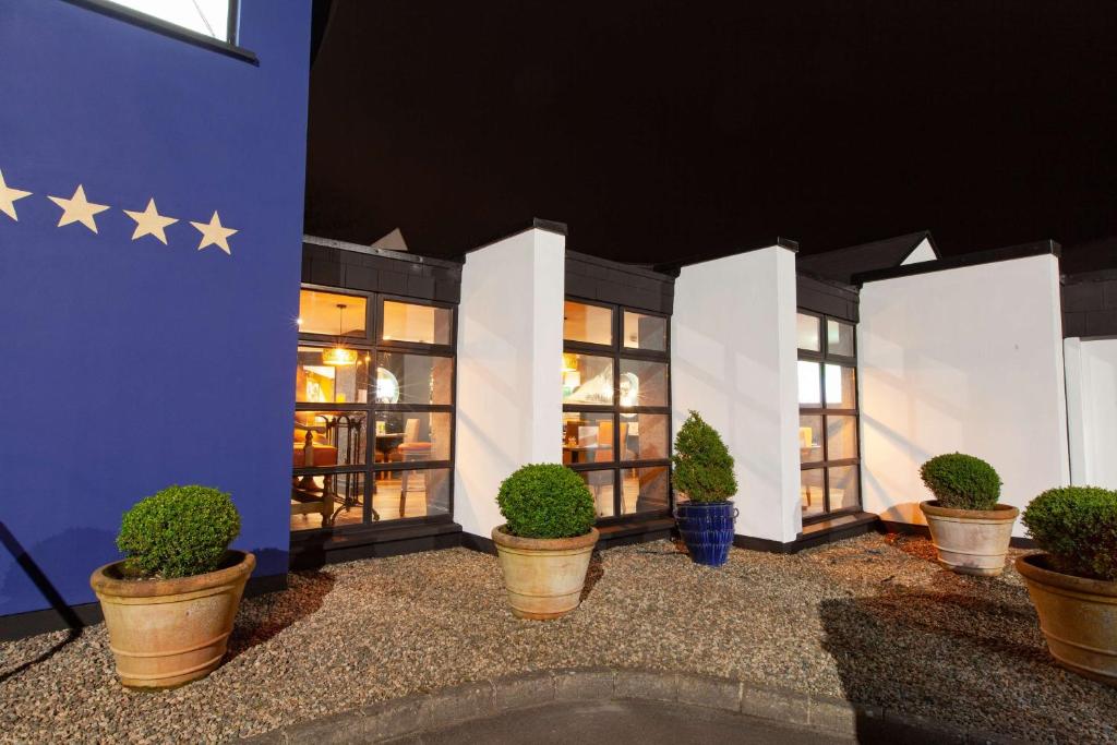 伦敦德里贝斯特韦斯特白马酒店的墙上有星星和盆栽植物的建筑