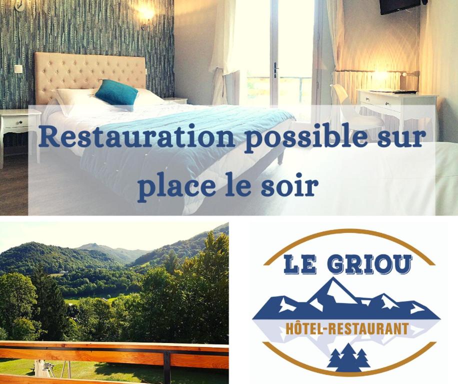 圣雅克·德波尔Logis Hôtel Le Griou的一张床铺和一张山地照片