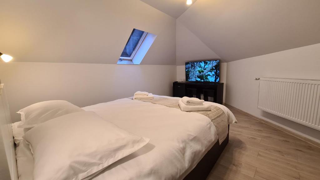 杜劳Pensiunea Mădălina的一间卧室设有两张带白色床单的床和窗户。