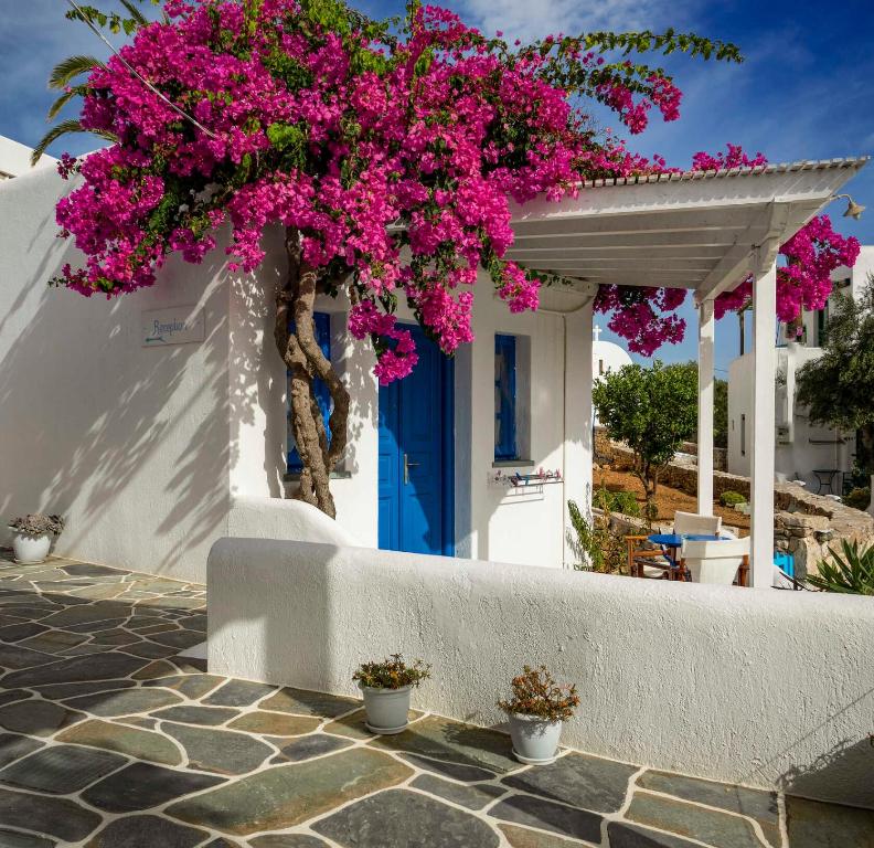 乔拉弗雷恩多斯梅尔特米酒店的白色的房子,有蓝色的门和粉红色的花