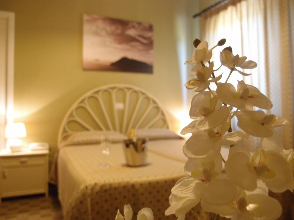 利帕里科拉罗酒店的一间酒店客房,配有床和白色植物