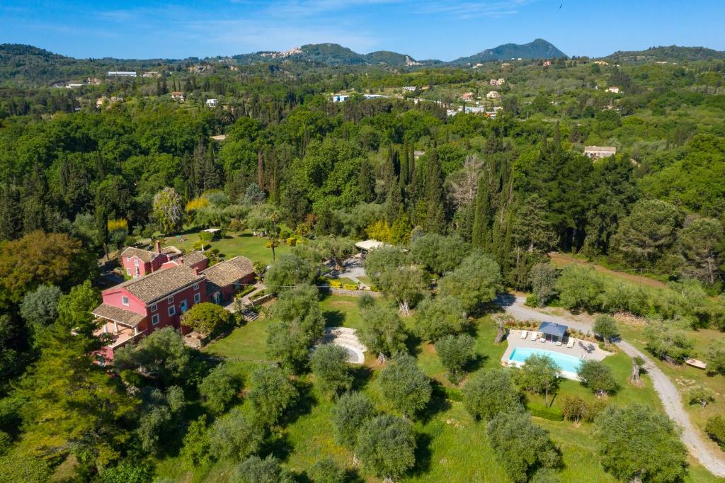 ÁfraTriklino Estate的享有带游泳池和树木的房屋的空中景致