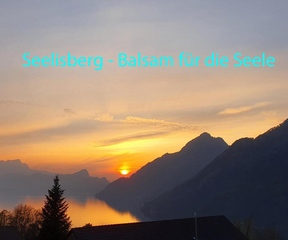 塞利斯贝格Appartement Seelewärmerli - Balsam für Ihre Seele的日落时分,用“ ⁇ ”字眼的光束来做模针