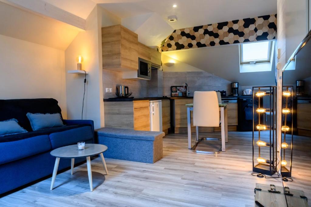 杜约特Au bord du lac d’Annecy, logement type Loft, dans résidence avec plage et ponton privée的一间带蓝色沙发的客厅和一间厨房