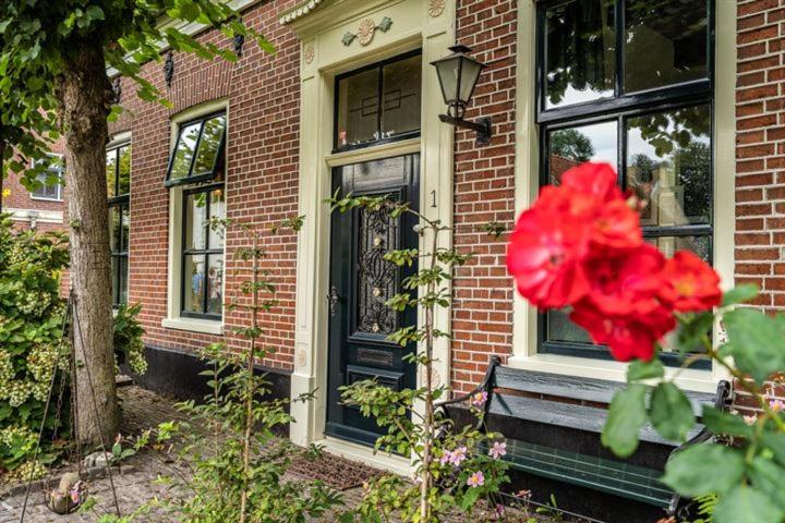 布尔坦赫城Bij de Friesche Poort的砖房前的红花