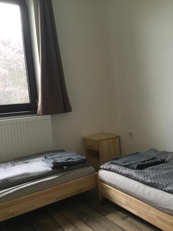 奥巴曹洛克Gólyafészek的带窗户的客房内的两张床
