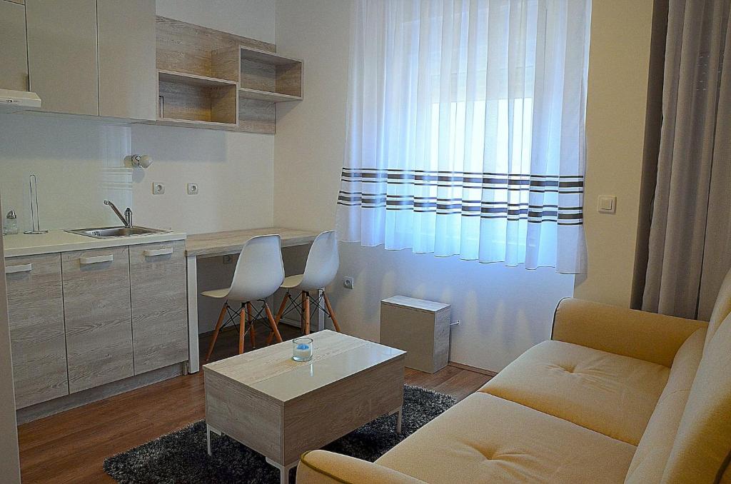 克拉多沃Lux Apartmani的带沙发和桌子的客厅以及厨房。