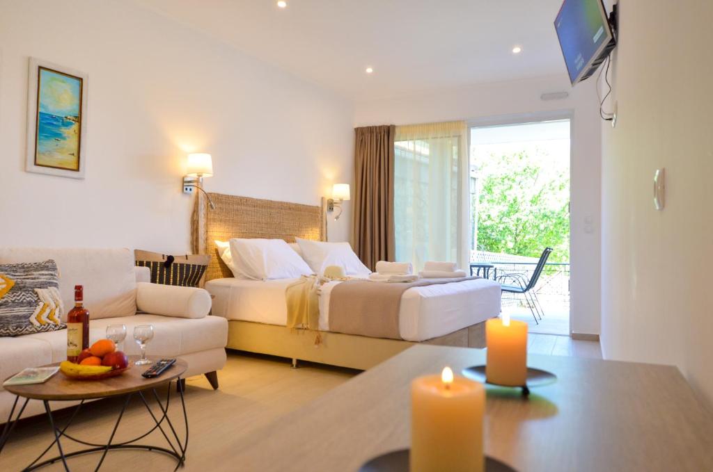 瓦西利基Meltemi Studios的酒店客房设有床和客厅。