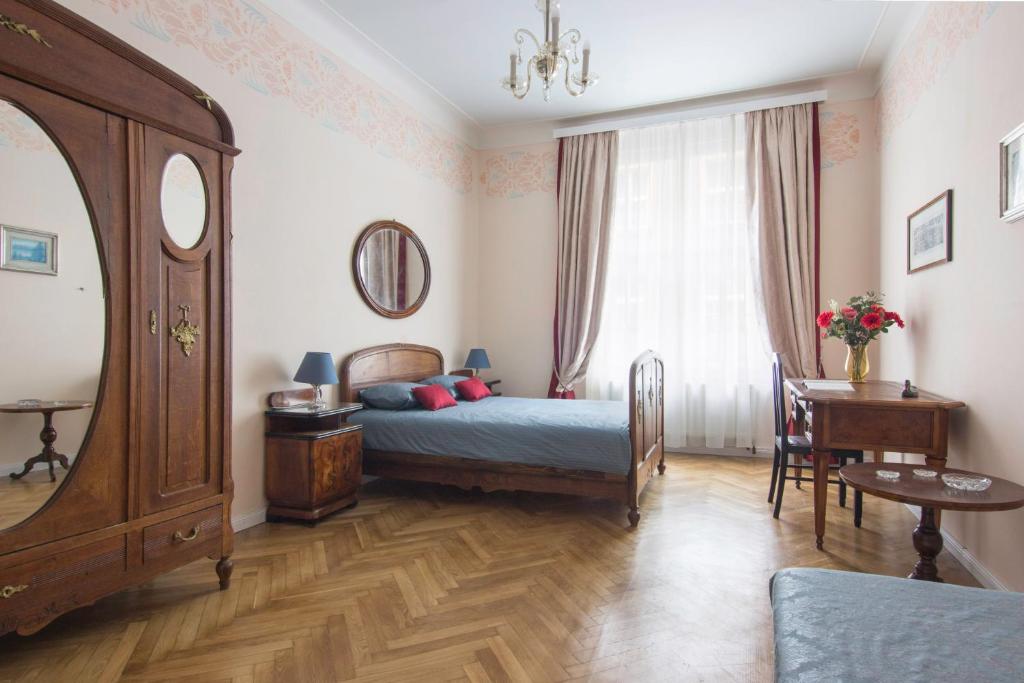 布拉格Prague Castle apartment Vintage的一间卧室设有一张床和一个窗口