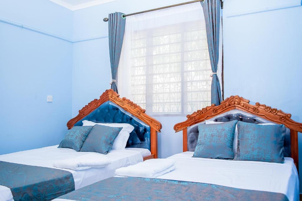 基利菲Dondoo's Paradise- Perfect Vacation Home的蓝色和白色的客房内的两张床
